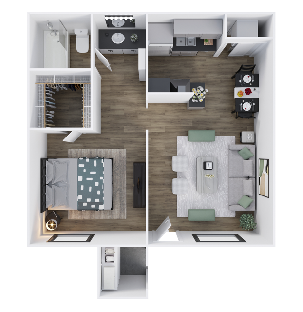 Floor plan for 1 bed, 1 bath, 600 sqft